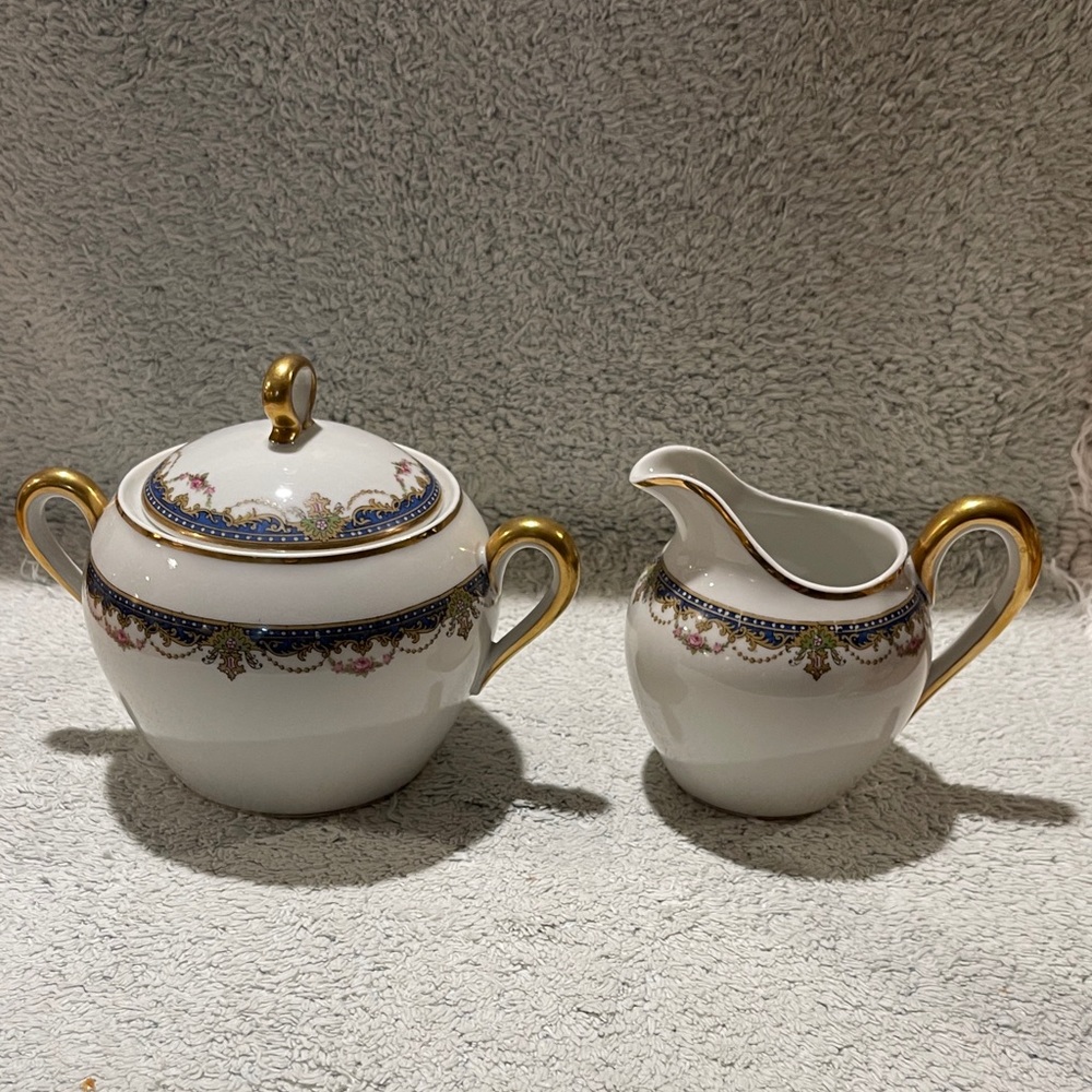 Vintage Luxury Gold and Blue, White Porcelain Sugar and Creamer Set